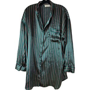 Victoria's Secret Gold Label Satin Nightshirt L Green‎ Red Gold Stripe Vintage